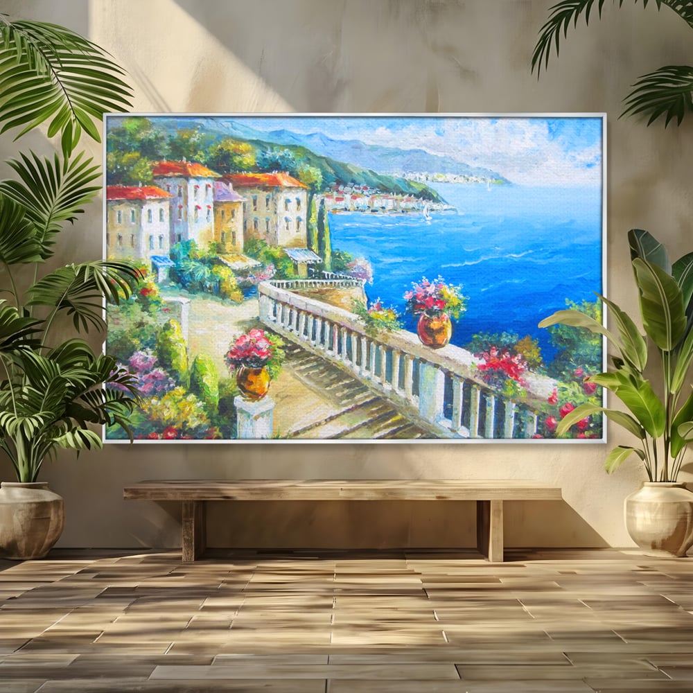 Tablou canvas cu pictura case pe malul marii, in rama de aluminiu argintiu
